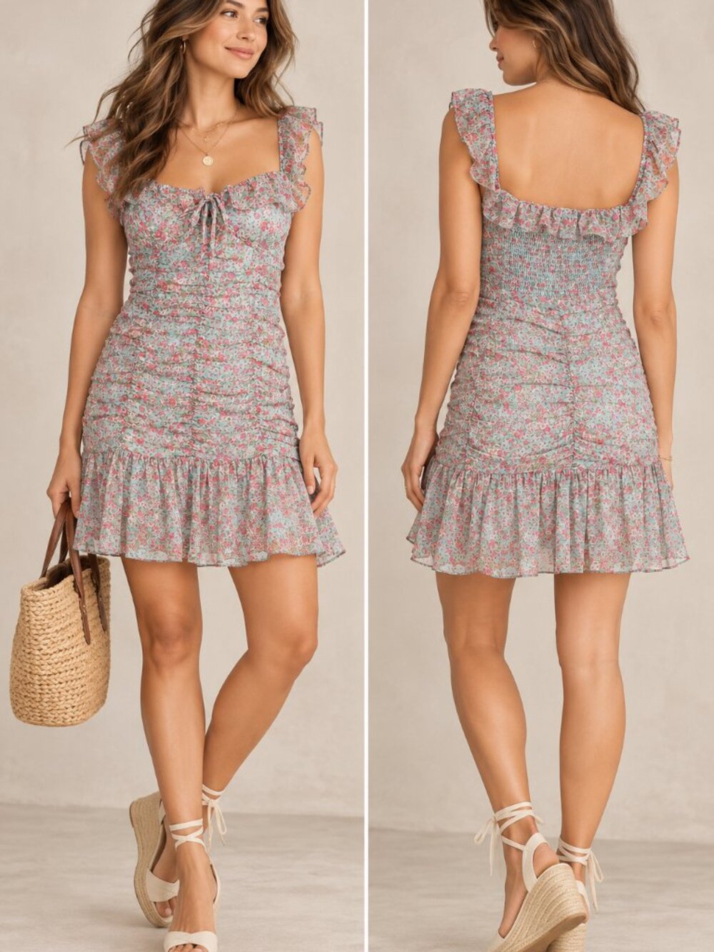 ASTR The Label Teal Pink Floral Ruched Ruffle Mini Dress Size M